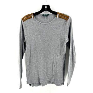 Lauren Ralph Lauren Gray Knit Top Shirt Suede Zipper Shoulders Size Large